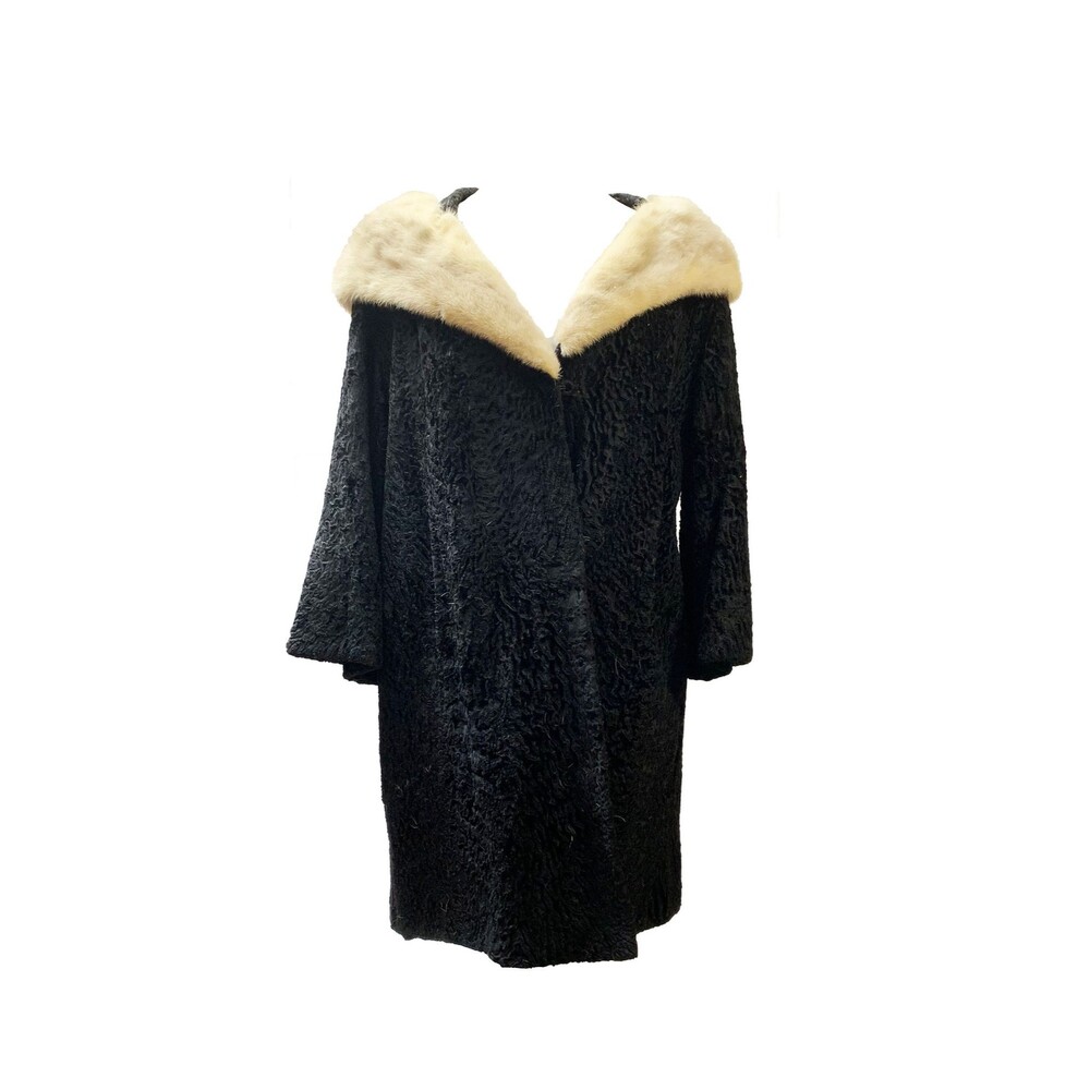 1950s HY Goodman Authentic Black Astrakhan Fur Coat With Mink Fur Collar